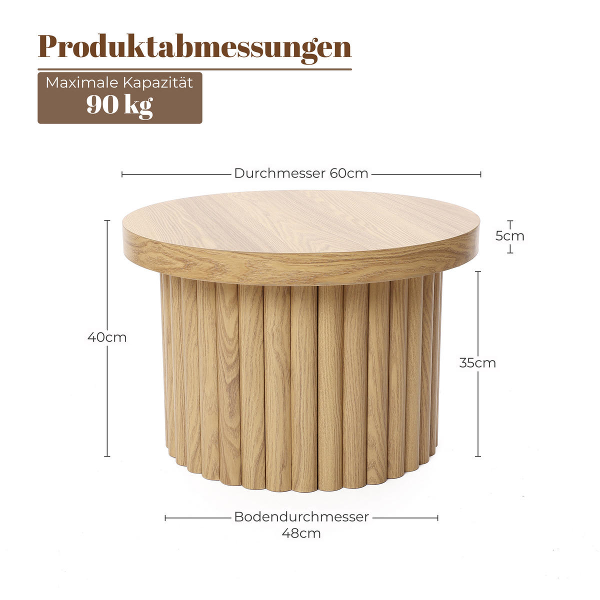 COUCHTISCH rund, Moderner Wohnzimmertisch in Holz | Ø60 x H40 cm - Eichefarben, Holz (60/60/40cm) - Hometopia