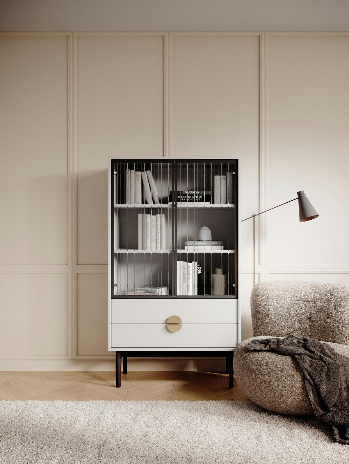 VITRINE Stoon Weiß 150 cm - Goldfarben/Schwarz, Holzwerkstoff/Metall (85.5/150/41cm) - Selsey