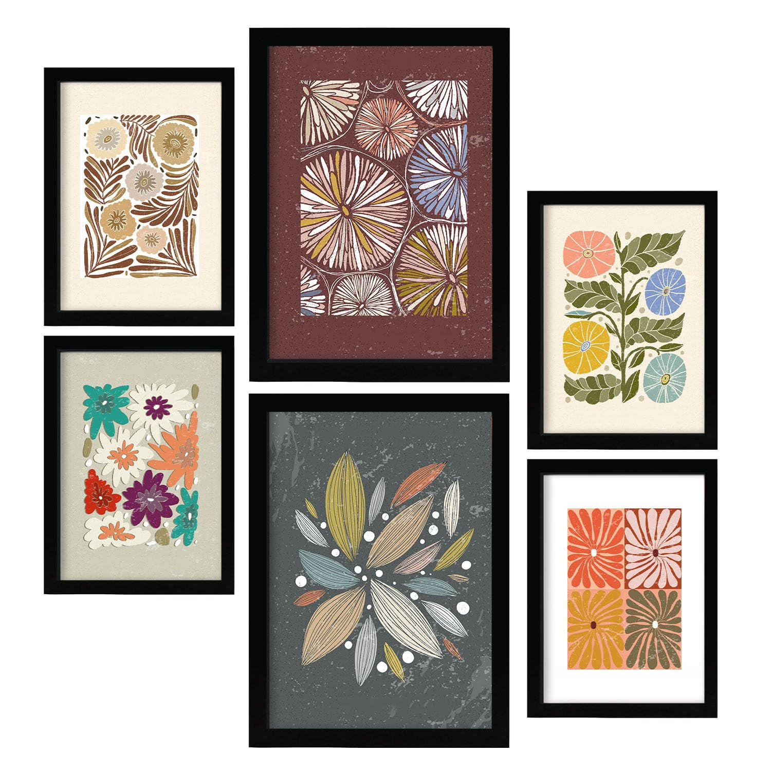 POSTER Set Mit 6 Drucken Von Blütenblättern In Der Sammlung Ethnischere Dekorative Rahmen Für Ihr Zuhause Wandkunstdruck A3 & A4 Schwarzer Rahmen - Schwarz, Papier (29/3cm) - Nacnic