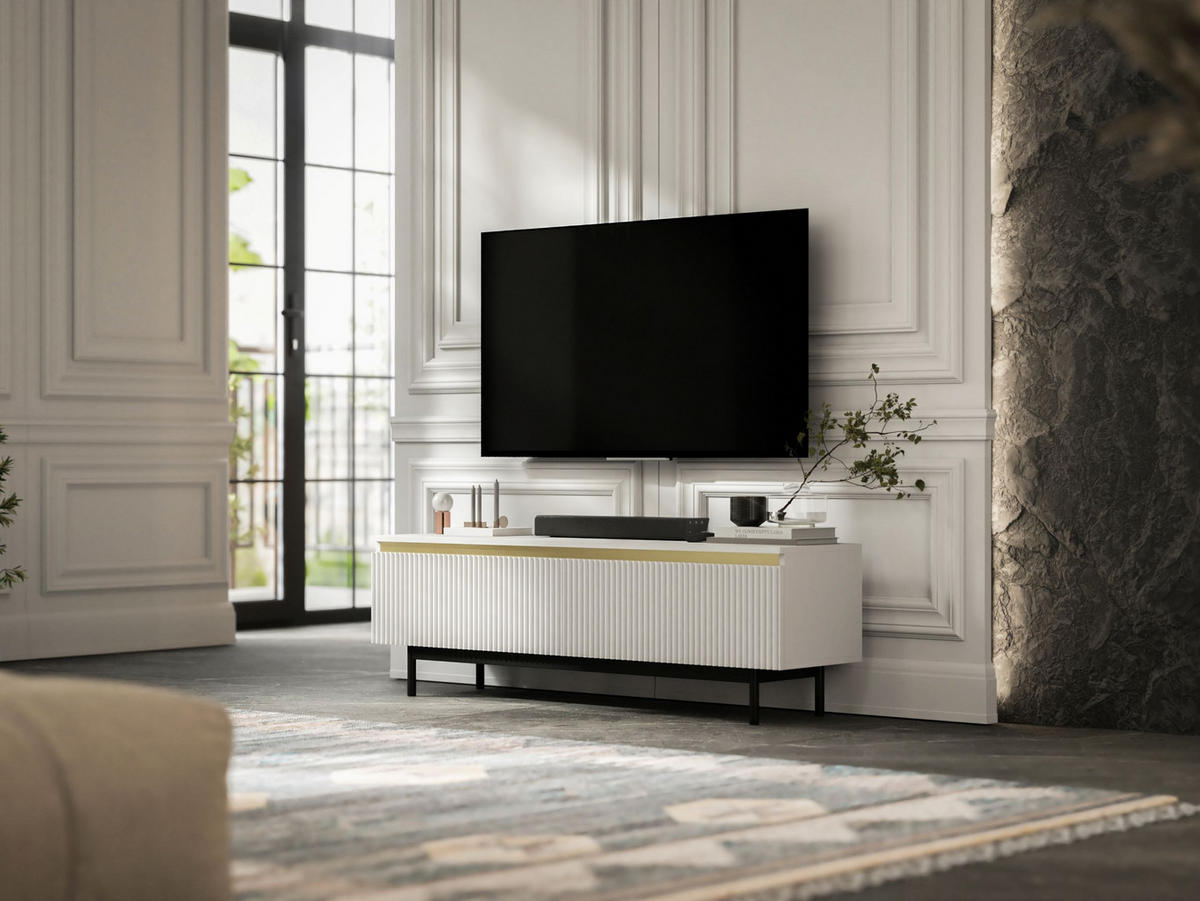TV-SCHRANK Selene Weiß Matt mit Metallrahmen 140 cm - Schwarz/Weiß, Holzwerkstoff (140/44/35cm) - Meble Lindner