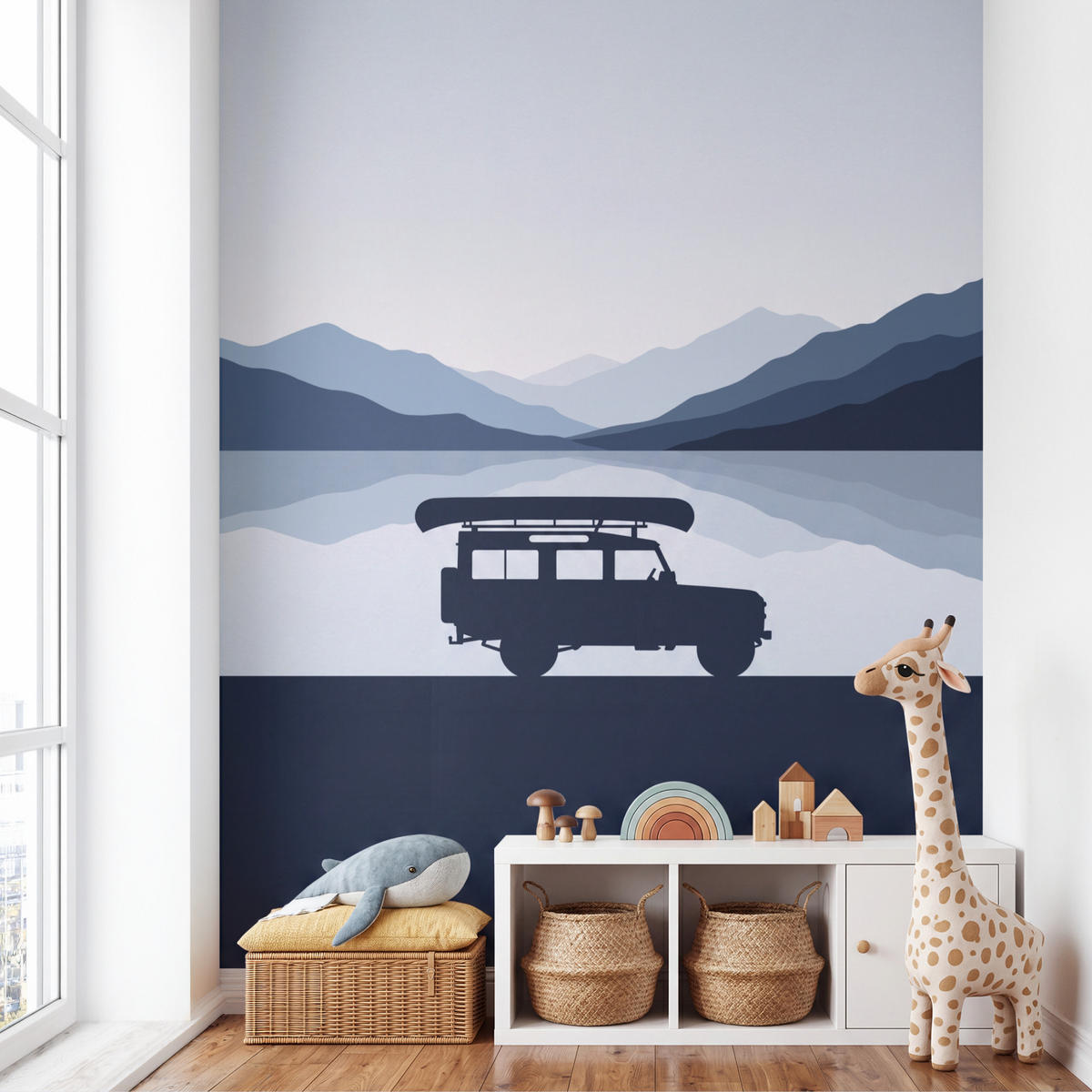 KINDERTAPETE - Auto - See - Berge - Blau - 200x280 cm - Blaugrau, Papier (200/280cm) - OnlyWow