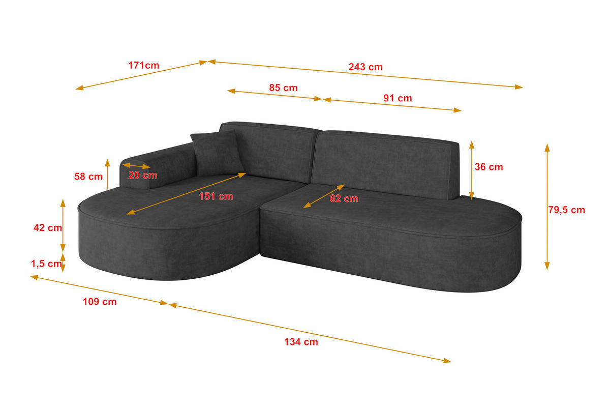 ECKSOFA Ottomane Links MARI-L1 - 243x171x79 cm Dunkelgrau Velours - Dunkelgrau/Schwarz, Holzwerkstoff/Kunststoff (243/171cm) - ALTDECOR