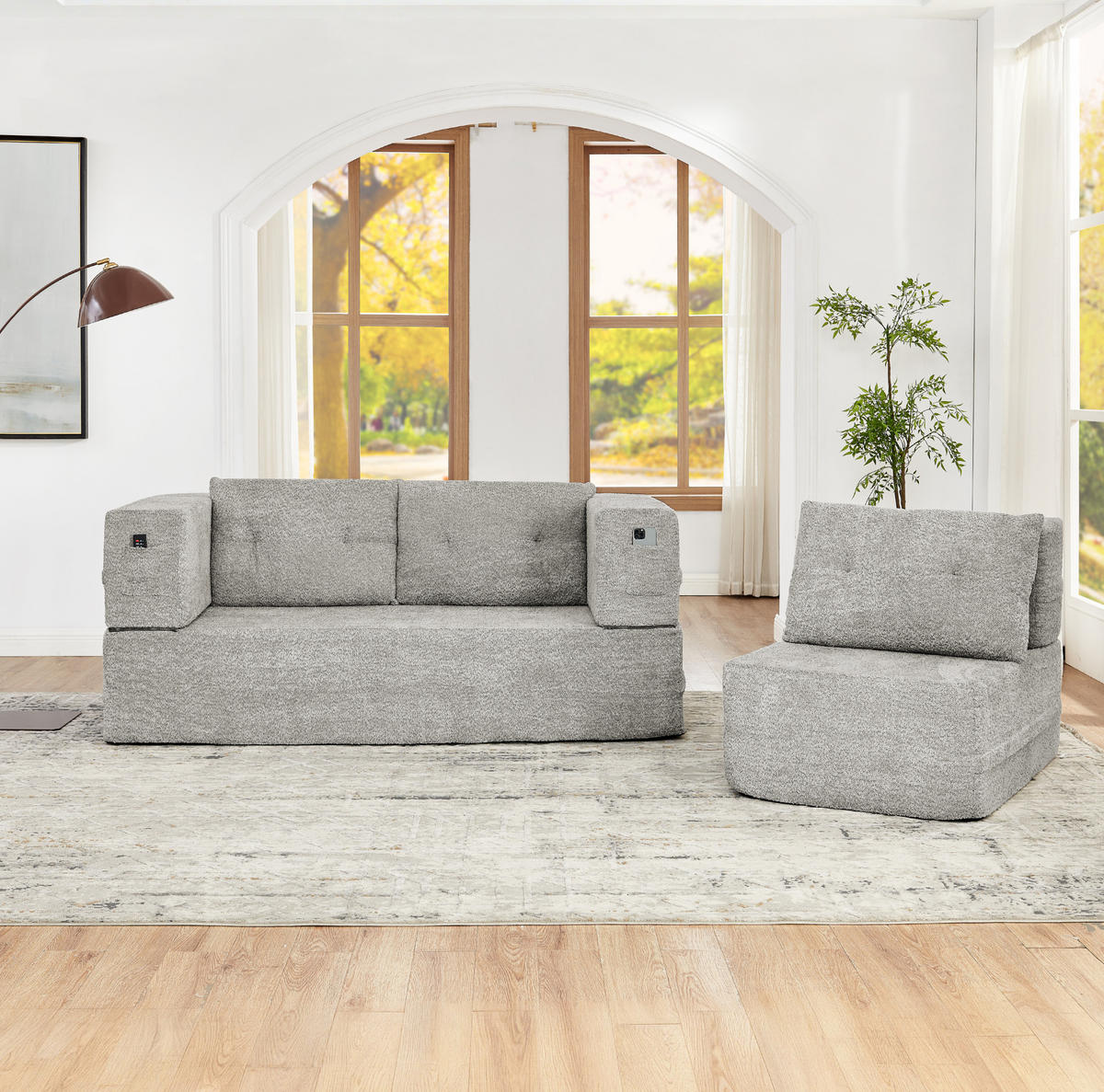 SCHLAFSOFA aus Stoff Hellgrau klappbar als 2-in-1 Modulsystem mit Sessel und Seitentaschen - Hellgrau, Textil (199/39/194cm) - Modfu