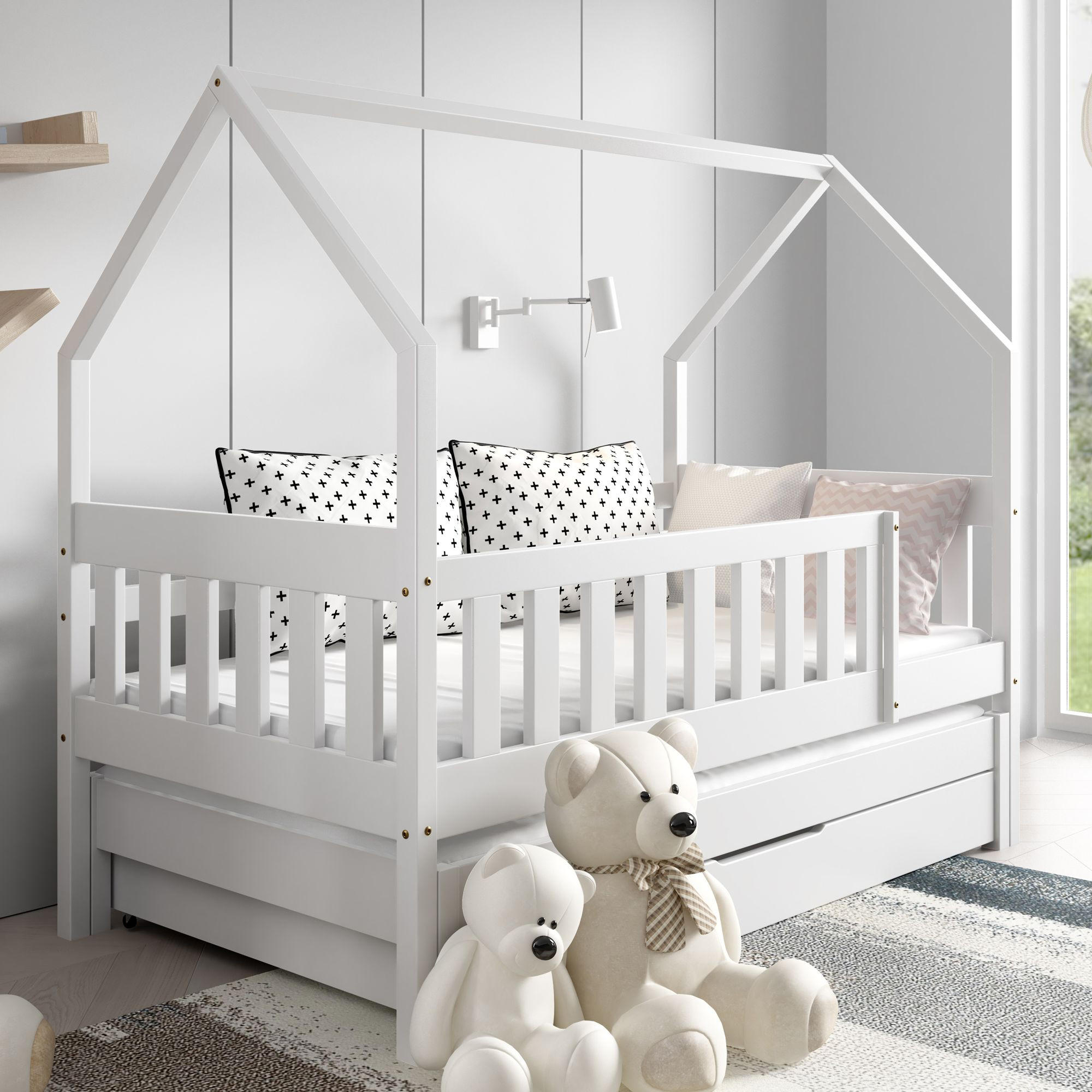 KINDERBETT Holzbett LUMBE, Hausform - Weiß, Holz (80/160cm) - KONSIMO®