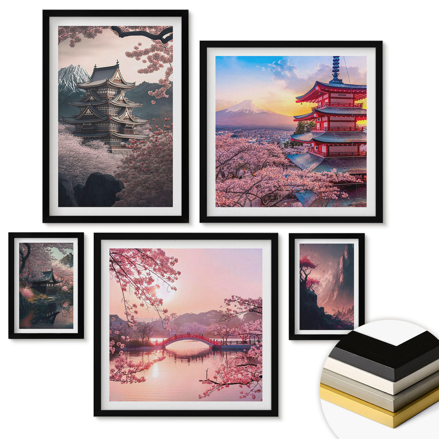 WANDBILDER 5er-Set - 50x50 cm & 20x30 cm & 40x60 cm Schwarzer Rahmen - Fantasielandschaften Japans - Schwarz, Kunststoff (40/60cm) - ArtPrintCave