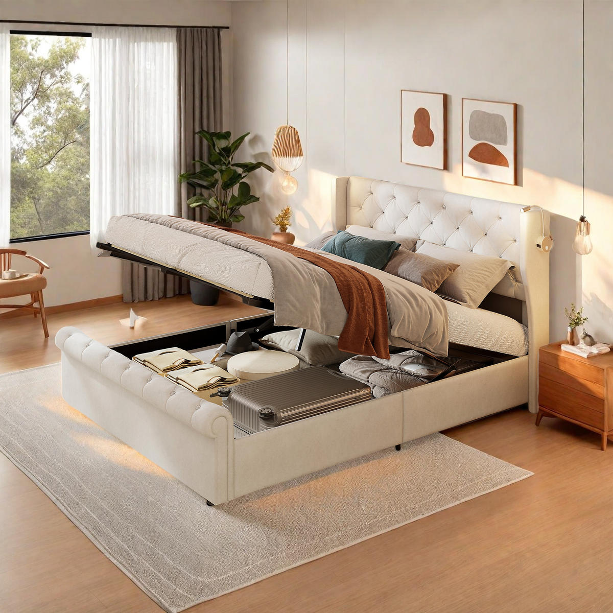 POLSTERBETT 160x200 cm Leselampen Stauraum Lattenrost Samt beige - Beige, Holz (160/200cm) - LEBENLANG