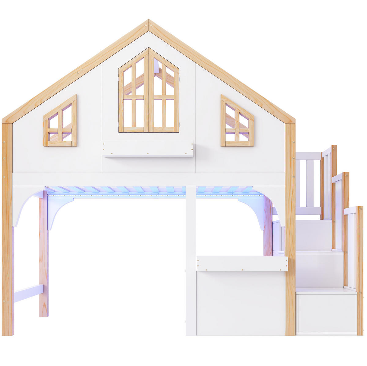 HAUSBETT 90/200 cm in Weiß aus Kiefer mit LED und Stauraumtreppe - Weiß, Holzwerkstoff (90/200cm) - BEAOK