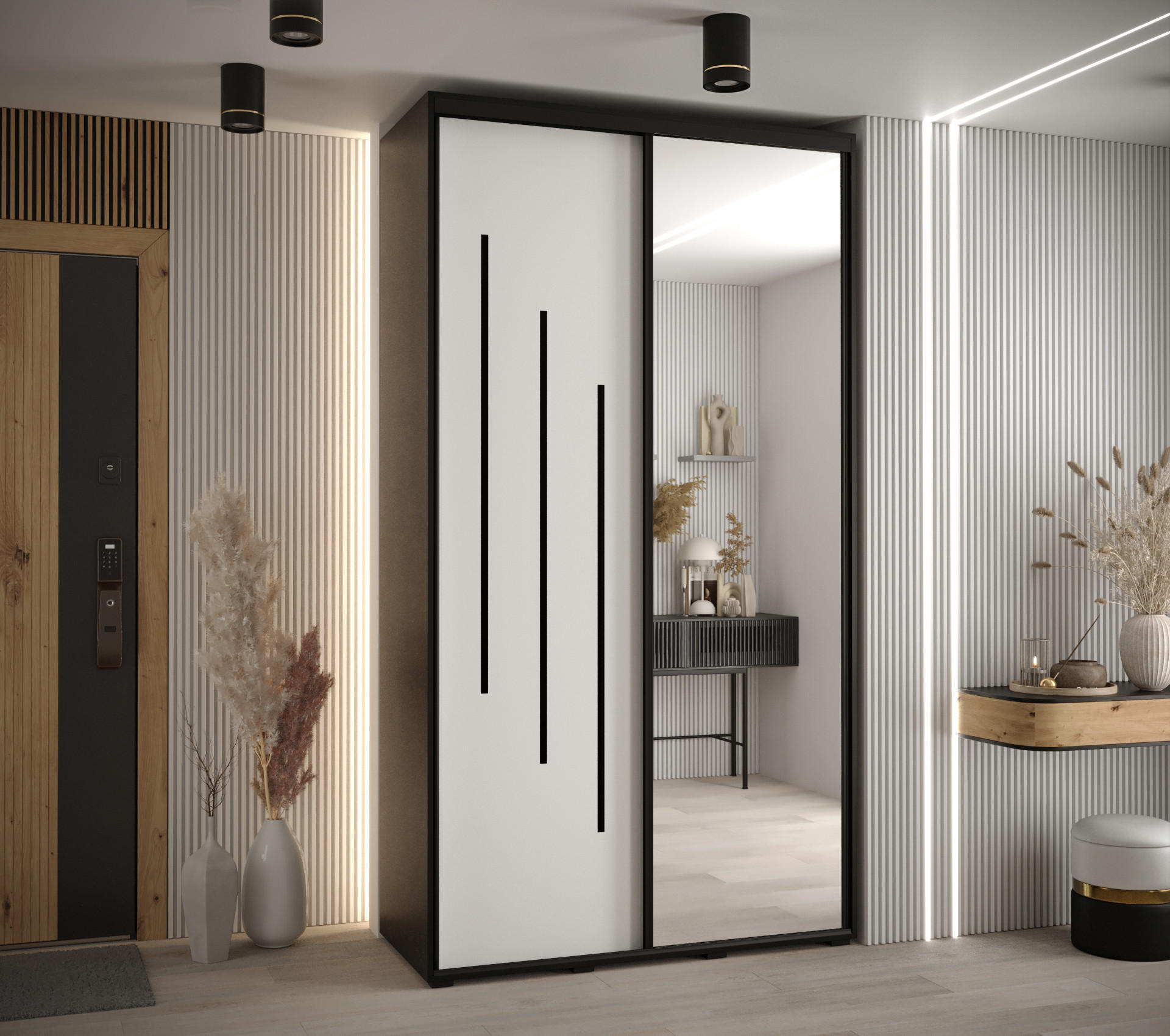 SCHWEBETÜRENSCHRANK 235,2/130/45 2-türig - Schwarz/Weiß, Holz/Metall (130/235/45cm) - Abiks Möbel