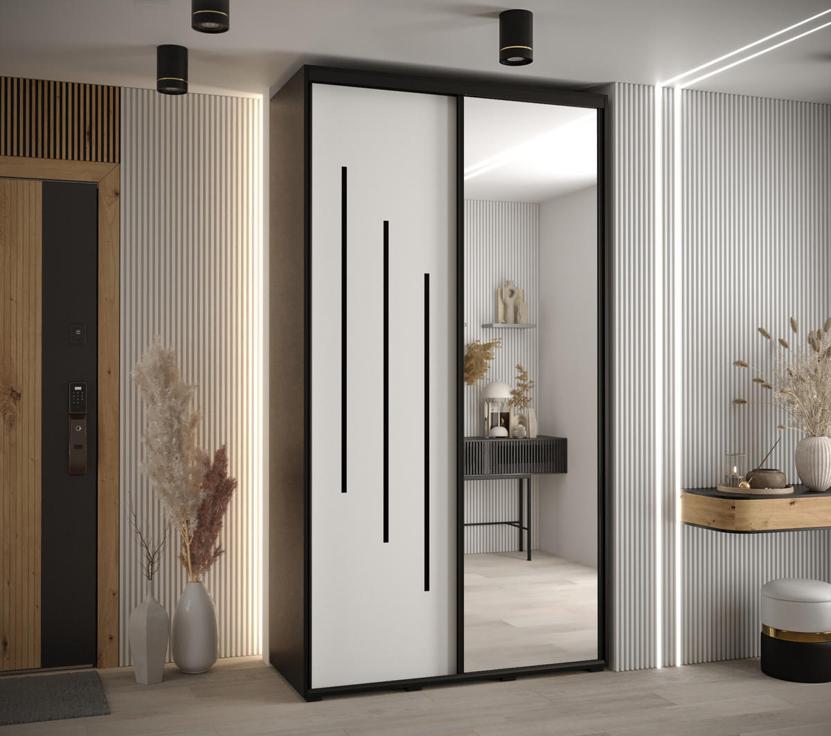 SCHWEBETÜRENSCHRANK 235,2/130/45 2-türig - Schwarz/Weiß, Holz/Metall (130/235/45cm) - Abiks Möbel