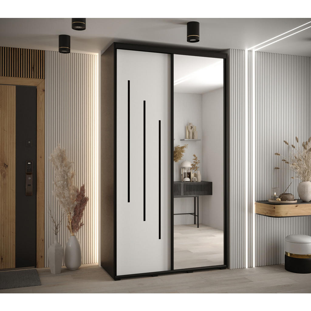 Thumbnail - Abiks Möbel Schwebetürenschrank, Schwarz, Weiß, Schwarz, Metall, Nachbildung, 6 Fächer, 130x235x60 cm, Schlafzimmer, Kle...