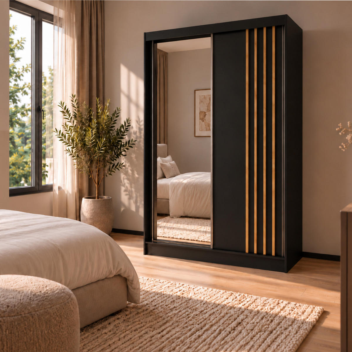 KLEIDERSCHRANK Nila 120 cm Schwarz Spiegel 2 Schubladen Griffe silber - Schwarz, Holzwerkstoff (120/216/61cm) - KS Home Concept