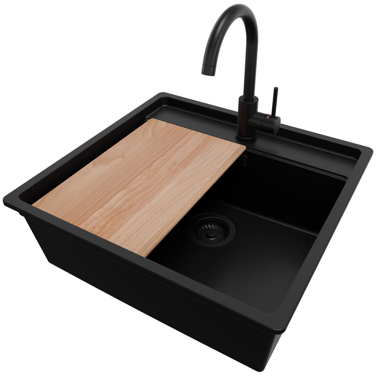 GRANITSPÜLE Bergen, 2-er set Alles Schwarz 56/53 cm 1 Becken + Küchenarmatur 32/20 cm + Ablauf-Set + Schneidebrett ab 60er Unterschrank - Beige/Schwarz, Kunststoff (56/20/53cm) - Primagran