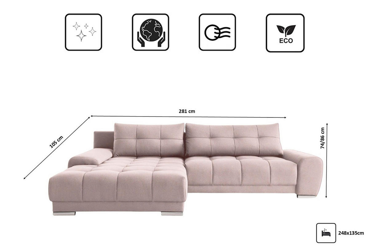 ECKSOFA WAVE Mit Schlaffunktion, Stoff SORO, Rosa Links - Rosa, Holz (105/281cm) - Kaiser Möbel