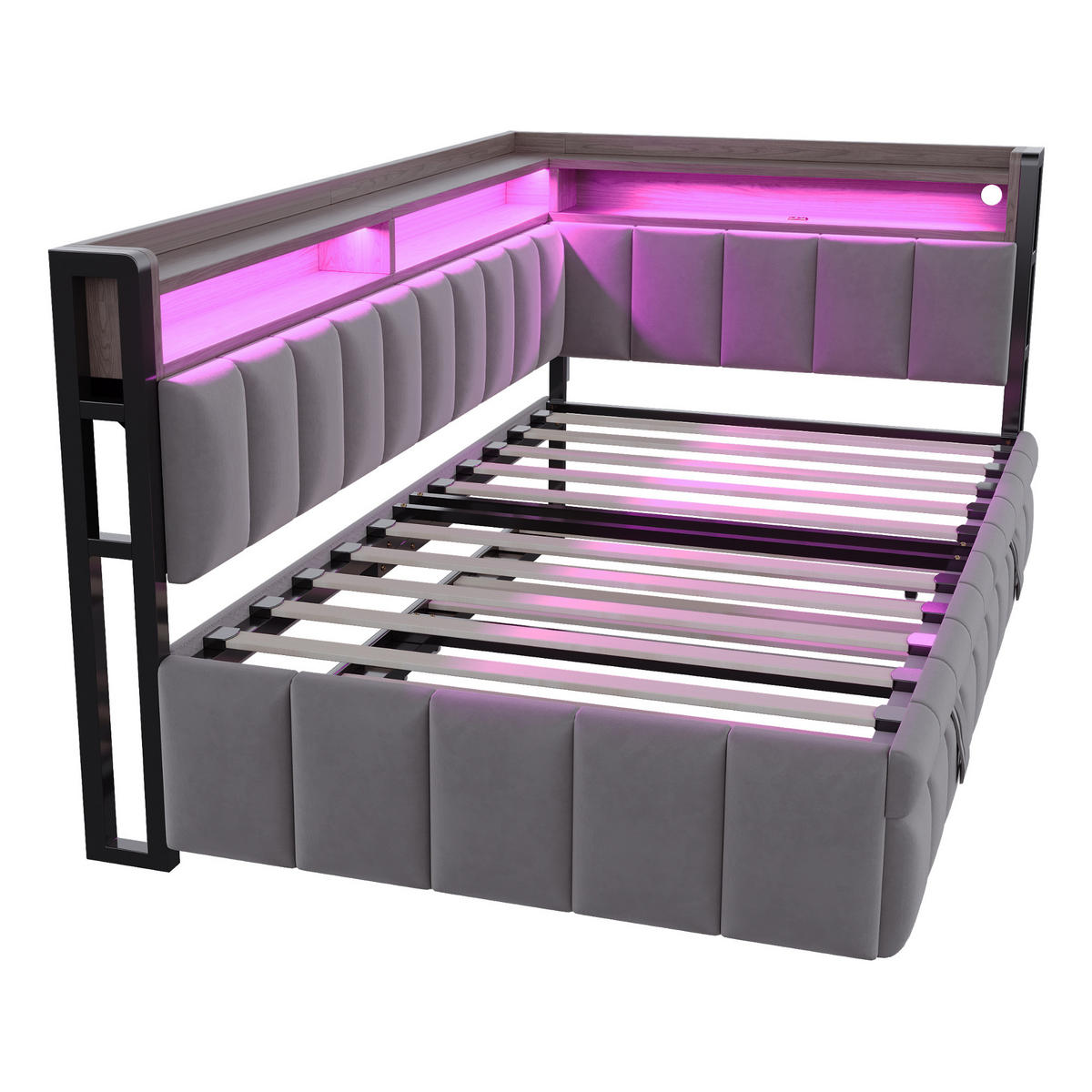 AUSZIEHBETT 90/200 cm ausziehbar mit LED und USB, DE-41717, in Dunkelgrau - Grau, Metall (90/200cm) - ComfortXL
