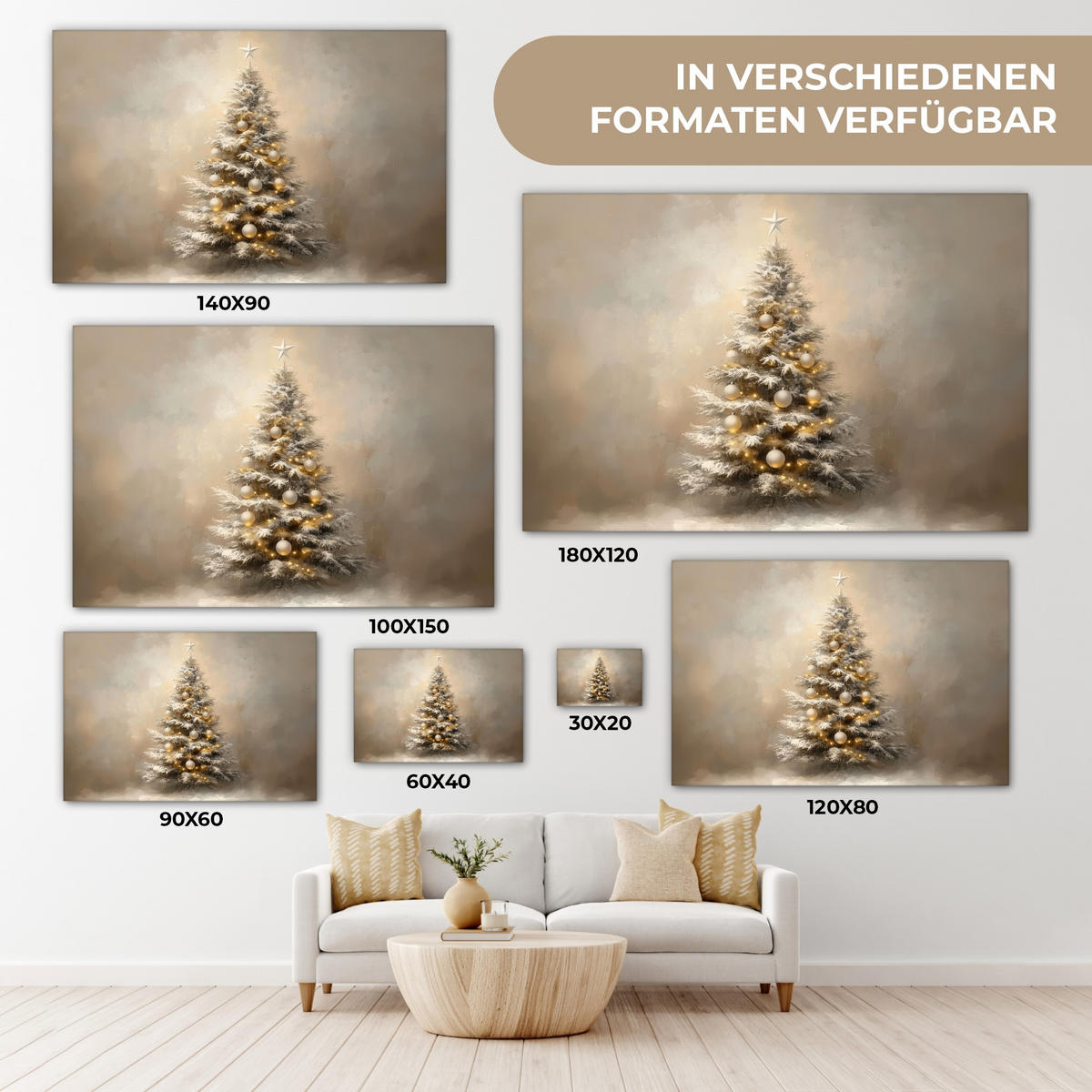 LEINWANDBILD Weihnachten - Weihnachtsbaum - Schnee - Kunst Wohnzimmer 120x80 cm - Champagner, Textil (120/80cm) - MuchoWow