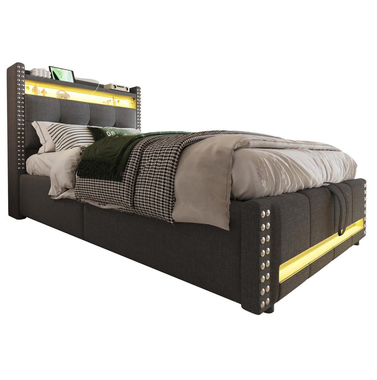 POLSTERBETT aus Leinenstoff 90x200 cm Grau mit LED-Beleuchtung, USB-Anschluss und Stauraum - Grau, Textil (90/200cm) - IVMEU
