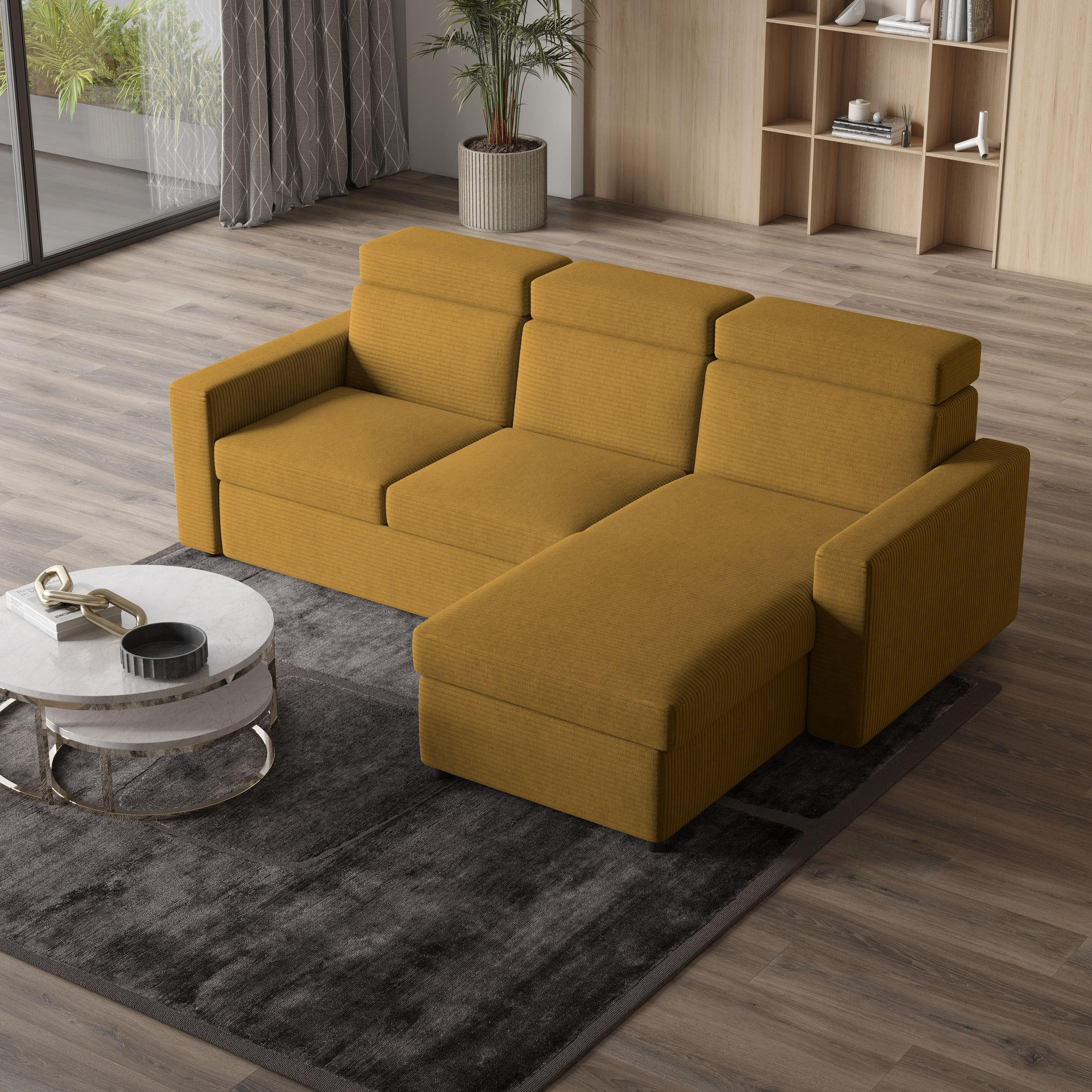 ECKSOFA PADWA Gelb Kordstoff mit Schlaffunktion - Gelb, Holz (227/168cm) - MASSENO