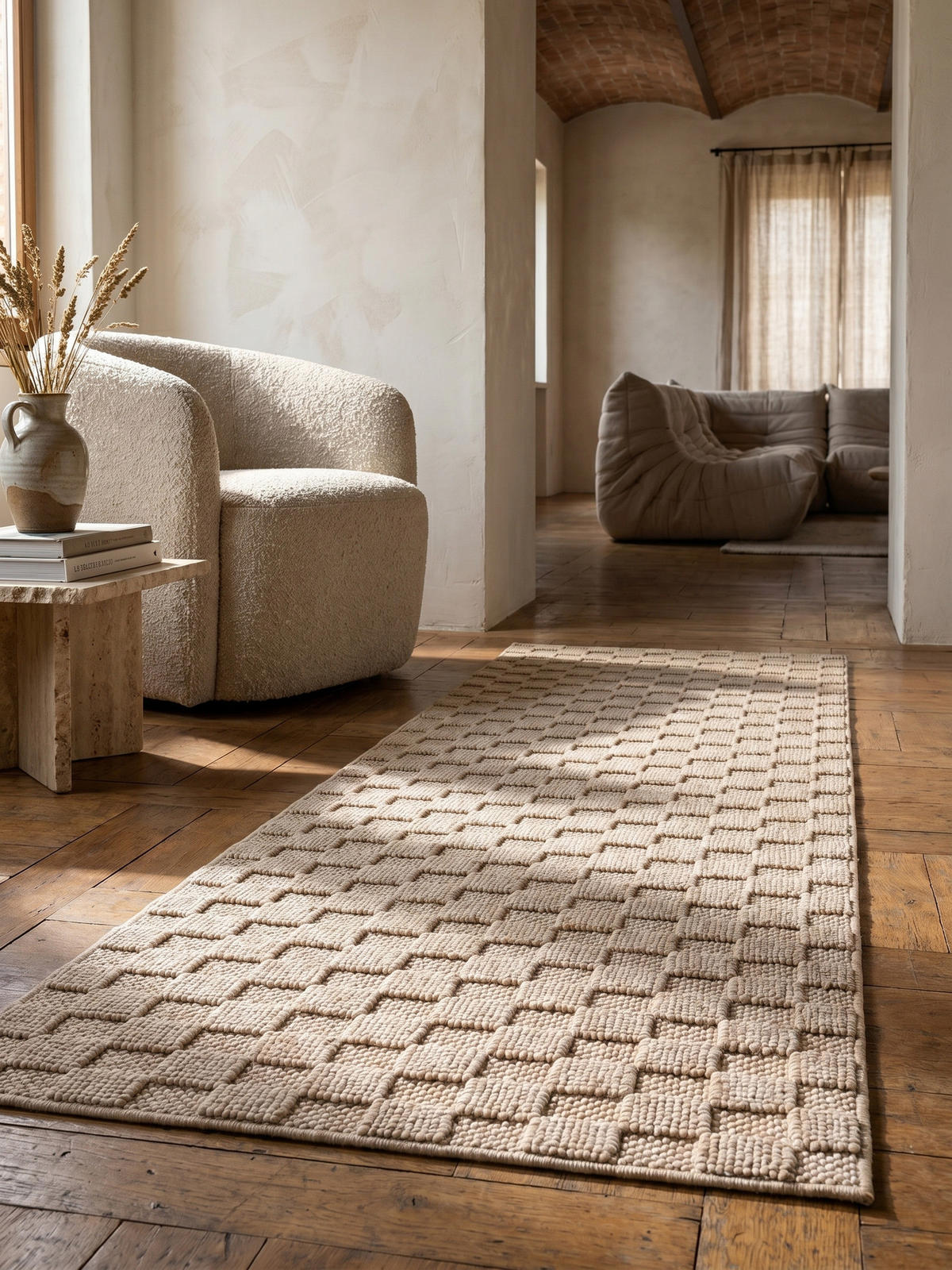 TEPPICH Flachgewebe LANGAU in Beige, mit Schachbrettmuster, 80 x 250 cm - Beige, Textil (80/250cm) - KADIMA DESIGN