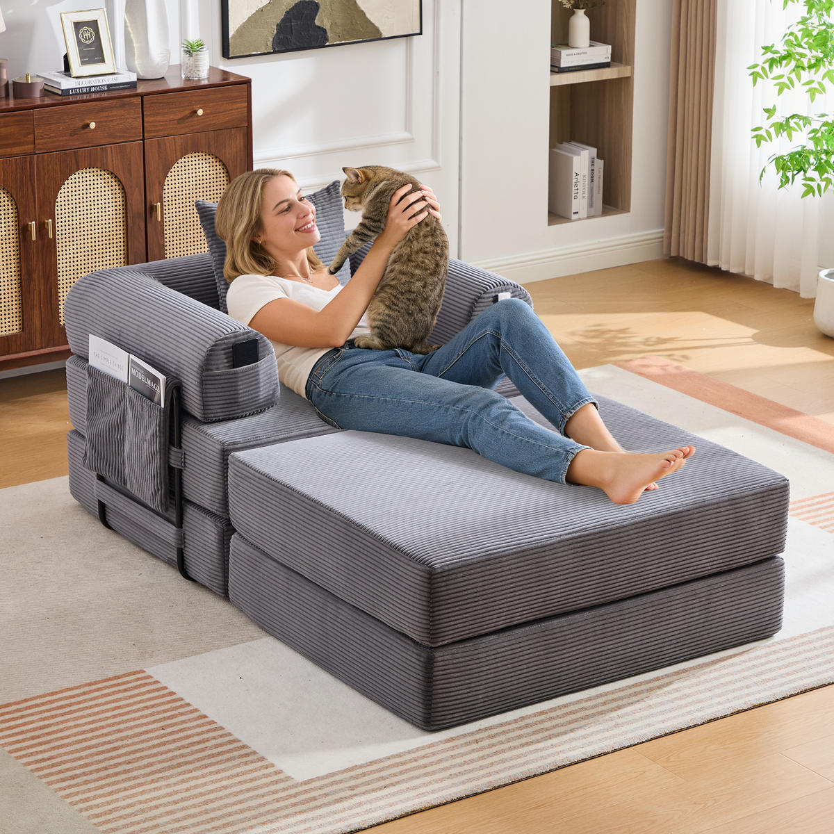 SOFA Cord Dunkelgrau mit Hocker, Kissen und Seitentasche - Dunkelgrau, Textil/Metall (112/67/190cm) - WISHDOR