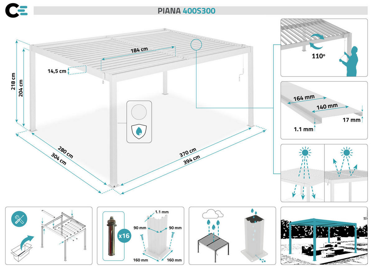 PERGOLA BIOKLIMATISCHE SELBSTTRAGENDE Piana weißem 4m x 3m - Weiß, Metall (304/218/304cm) - Cazeboo