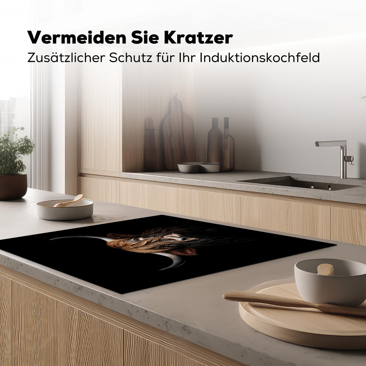 HERDABDECKPLATTE Schottischer Highlander - Porträt - Schwarz - Tier Induktionsmatte 78x78 cm - Braun, Kunststoff (78/78/0.2cm) - MuchoWow