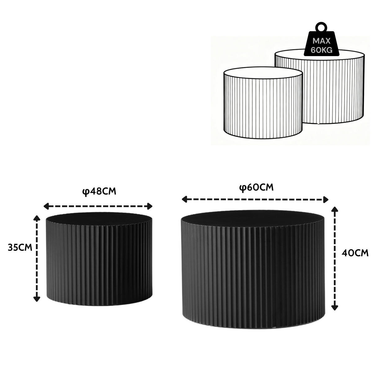 COUCHTISCH-SET 60/60/40 + 48/48/35 cm als 2er-Nesting-Tische mit wellenförmigen Kanten und kratzfester MDF-Platte, Schwarz - Schwarz, Holzwerkstoff (60/60/40cm) - Redom
