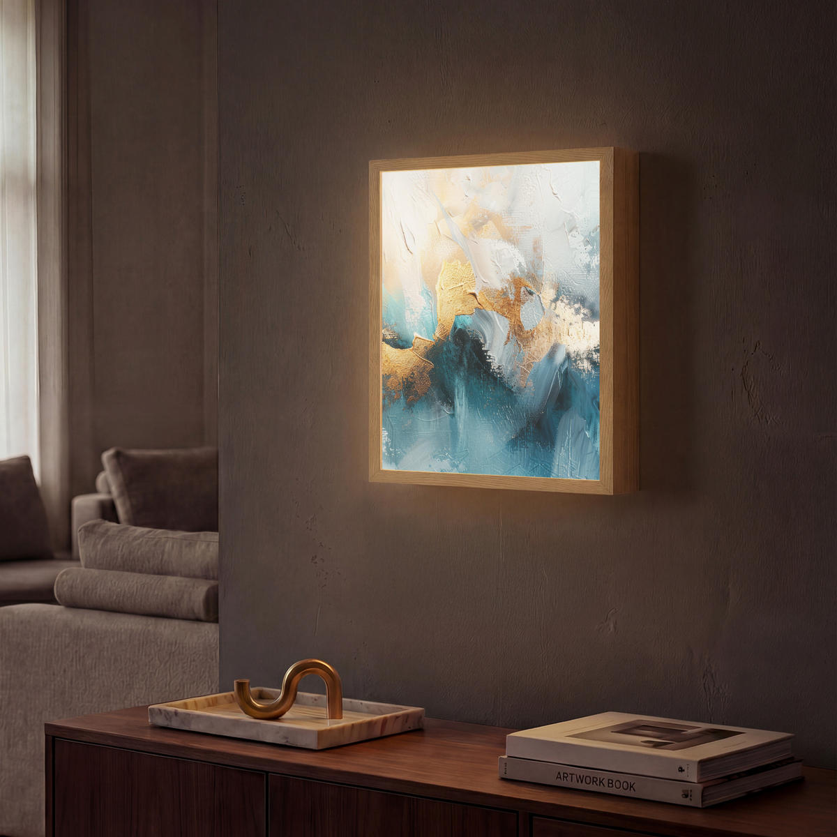 NÁSTĚNNÁ LAMPA S AKUMULÁTOREM Abstraktní - umění - zlatá - modrá 30x40 cm - tyrkysová, kompozitní dřevo (30/40/8cm) - OnlyWow