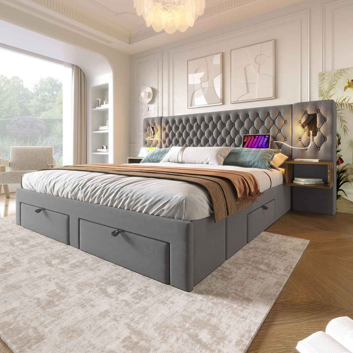 POLSTERBETT 180/200 cm Grau mit Leselicht und 4 Schubladen aus Samt - Grau, Textil (180/200cm) - OKWISH