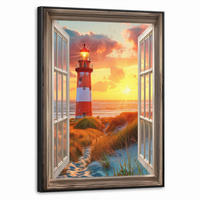 LEINWAND Bilder mit Rahmen - Aussicht - Fenster - Leuchtturm - Sonnenuntergang - Strand - 70x100 - Dunkelorange, Textil (70/100cm) - MuchoWow