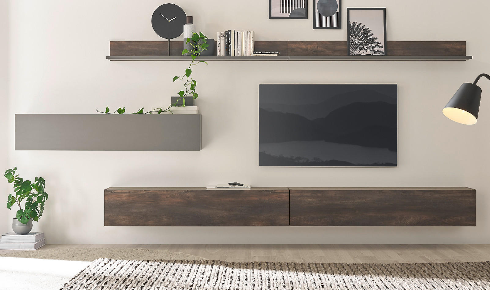 WOHNWAND Thermo Eiche, grau, Wohnkombination 5-teilig 380 x 180 cm - Eichefarben/Grau, Holzwerkstoff (380/180/30cm) - Furn.Design
