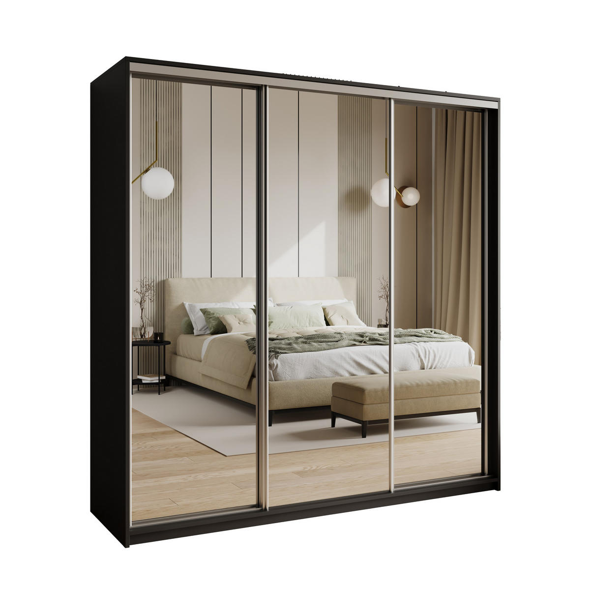 SCHWEBETÜRENSCHRANK RIEN 180/205/60 cm 3-türig mit Spiegel und Schubladen Schwarz - Schwarz/Nickelfarben, Holzwerkstoff (180/205/60cm) - MASSENO