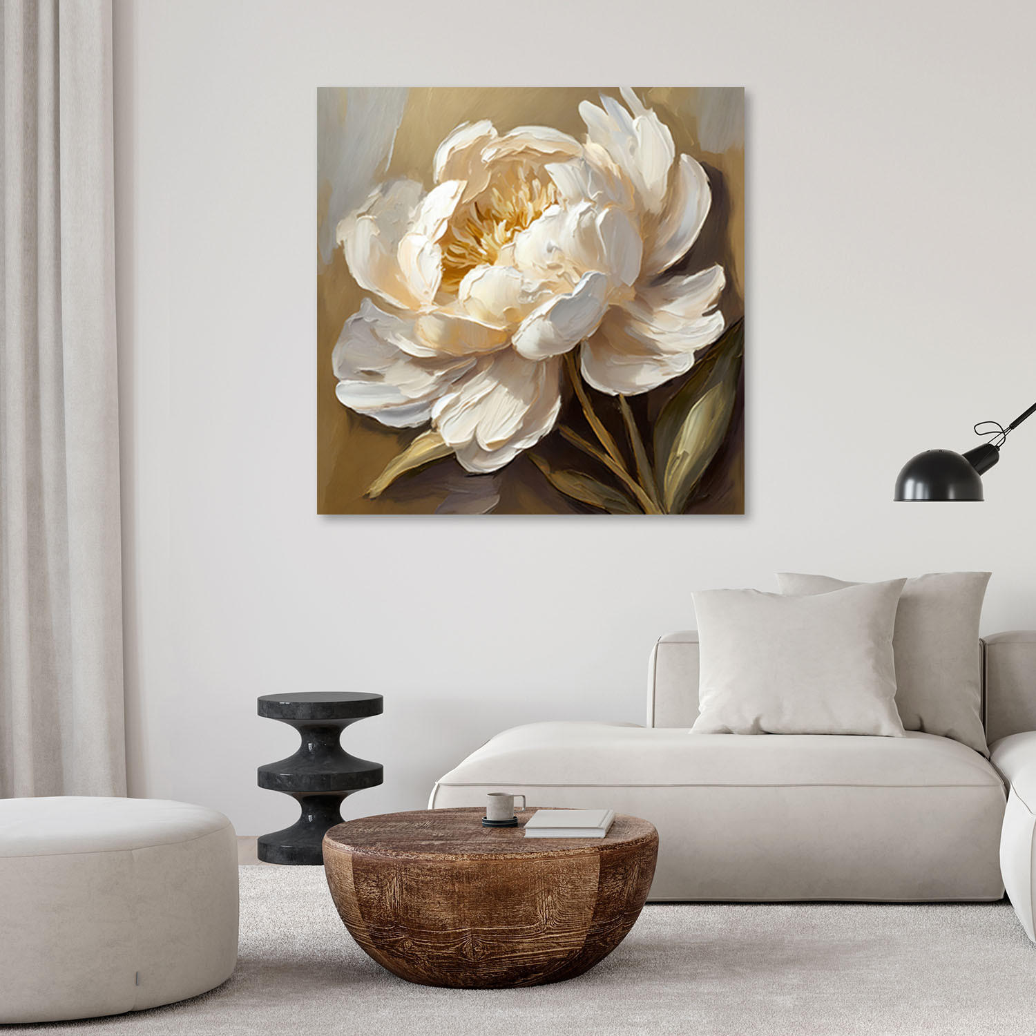 LEINWANDBILD Pfingstrose Creme wie handgemalt 60x60cm - Beige, Textil (60/60cm) - Feeby