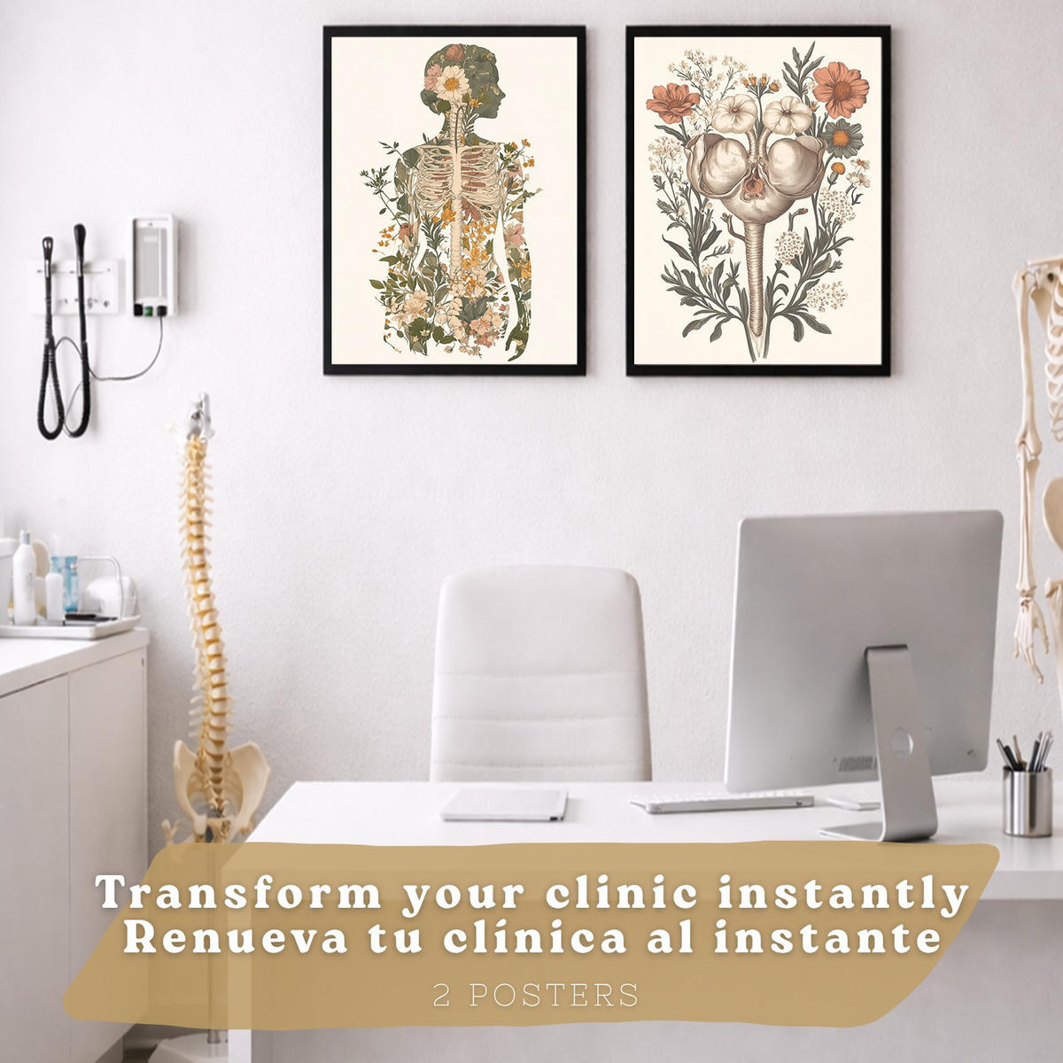 POSTER Set aus 2 Anatomie Mensch Drucke und Wandbilder mit Weiblicher Silhouette und Fortpflanzungssystem Botanischer Stil Größe Schwarzer Rahmen A3 - Schwarz, Papier (29.7/42/3cm) - Nacnic