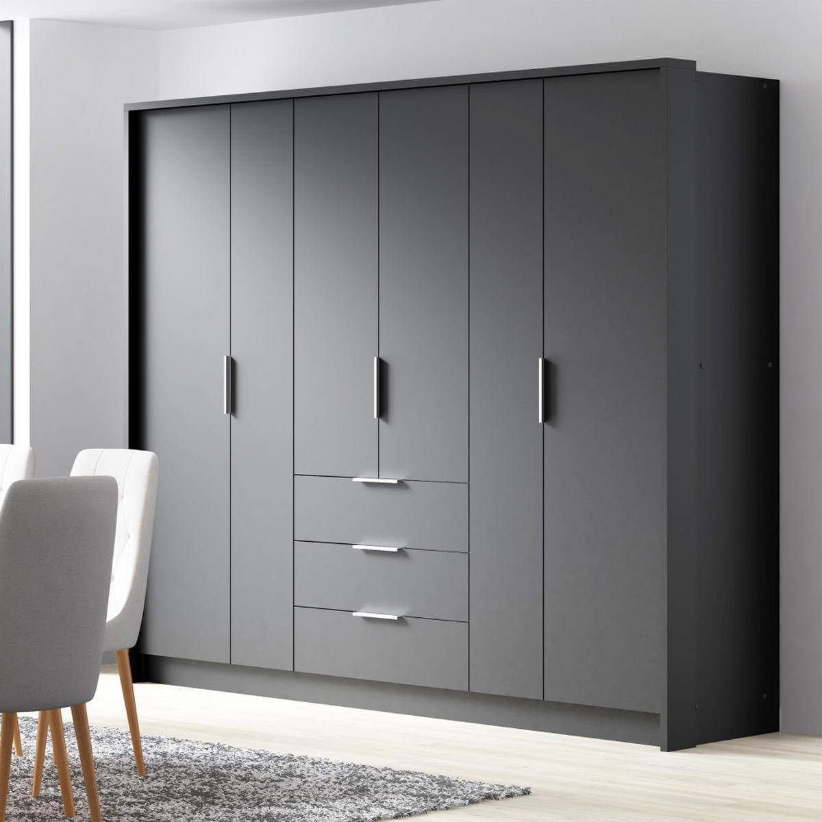 DREHTÜRENSCHRANK Bombay mit 6 Türen und 3 Schubladen, graphitfarben - Graphitfarben, Holzwerkstoff (255/217/65cm) - Beautysofa
