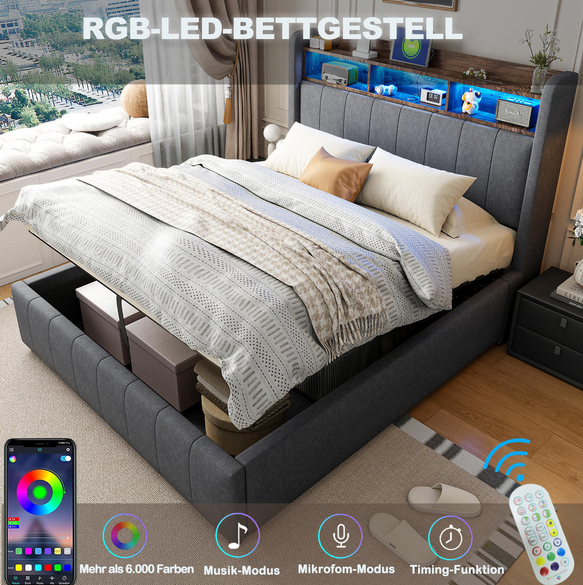 POLSTERBETT 140/200 cm Grau aus Leinenstoff mit Stauraum - Grau, Textil (140/200cm) - OKMYHOME