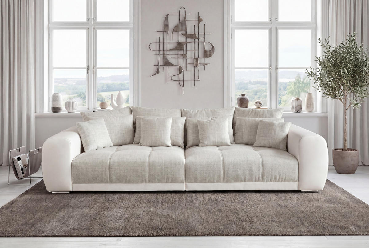 BIG-SOFA Federkern B306/T134/H86 cm, Liegefläche 120x240 cm, Korpus Kunstleder Weiß+Bezug Web-Strukturstoff Grau Beige / 15113 - Chromfarben/Greige, Kunststoff/Textil (306/86/134cm) - luma-home