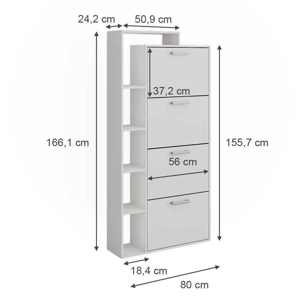 SCHUHKIPPER Orlando Weiß 80 x 166.1 cm mit 4 Fächern - Weiß, Holzwerkstoff (80/166.1/24.2cm) - Vicco