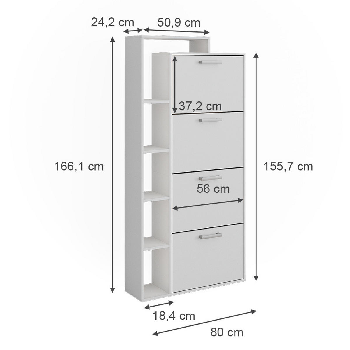 SCHUHKIPPER Orlando Weiß 80 x 166.1 cm mit 4 Fächern - Weiß, Holzwerkstoff (80/166.1/24.2cm) - Vicco