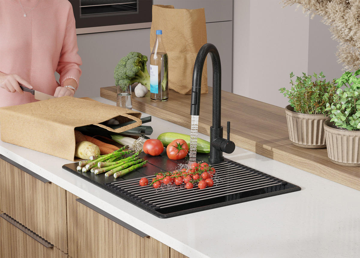 SPÜLBECKEN Kopenhagen, 2-er set Anthrazit 62/50 cm 1 Becken + Ablauf-Set + Schneidebrett ab 45er Unterschrank - Chromfarben/Anthrazit, Kunststoff (62/20/50cm) - Primagran