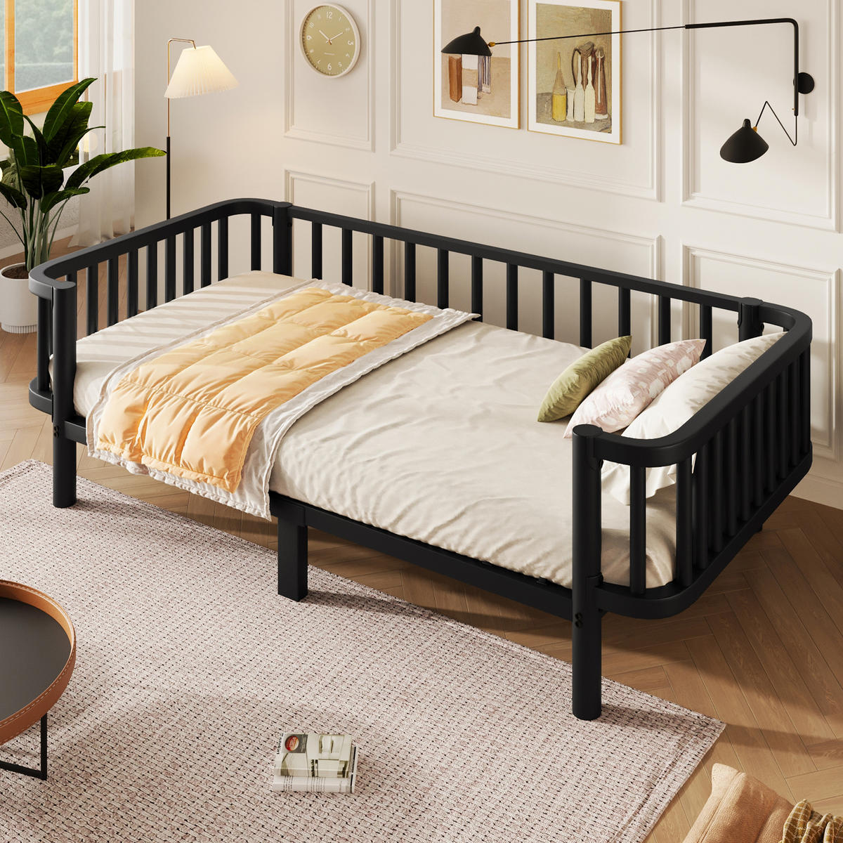 TAGESBETT 90 x 200 cm, stabiles Lattenrost aus Stahl, Schwarz - Schwarz, Metall (90/200cm) - KOMHTOM