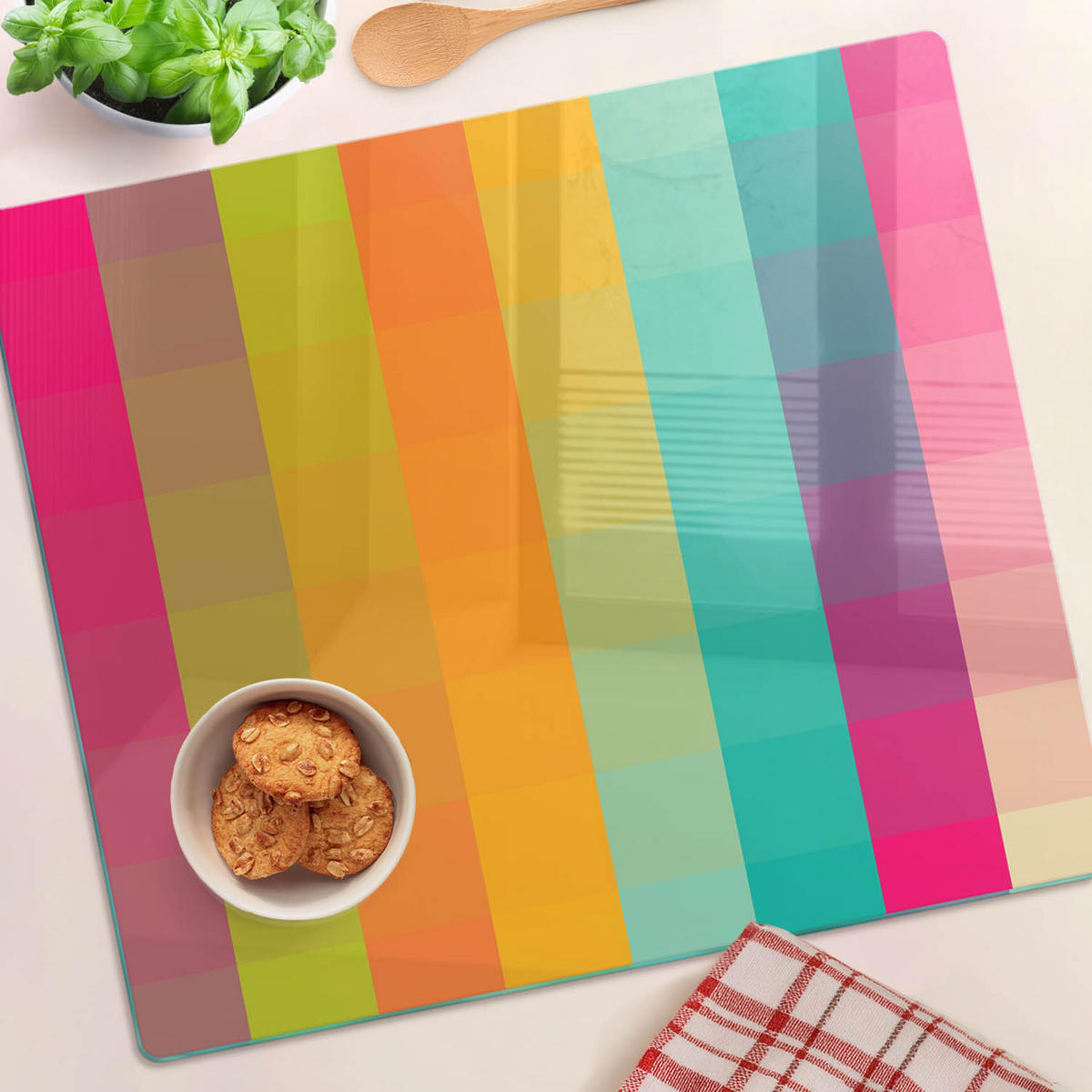 GLASPLATTE 60x52 cm Farbige Quadrate - Weiß Hochglanz/Schwarz, Glas (60/0.4/52cm) - TULUP