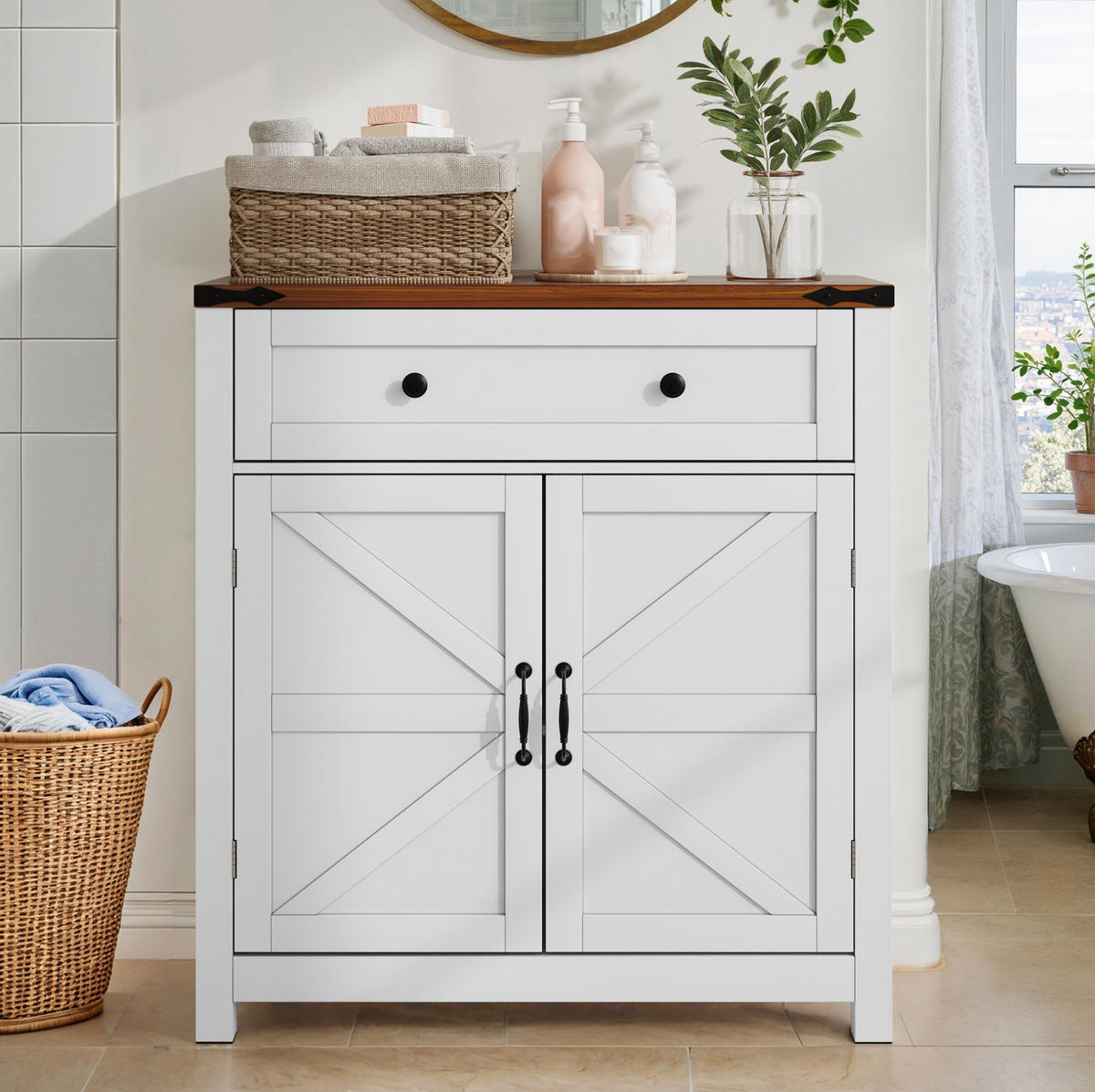 SIDEBOARD 76/30/83 cm mit 2 Türen & Schublade in Weiß mit Walnuss-Optik - Weiß, Holzwerkstoff (76/83/30cm) - BEAOK
