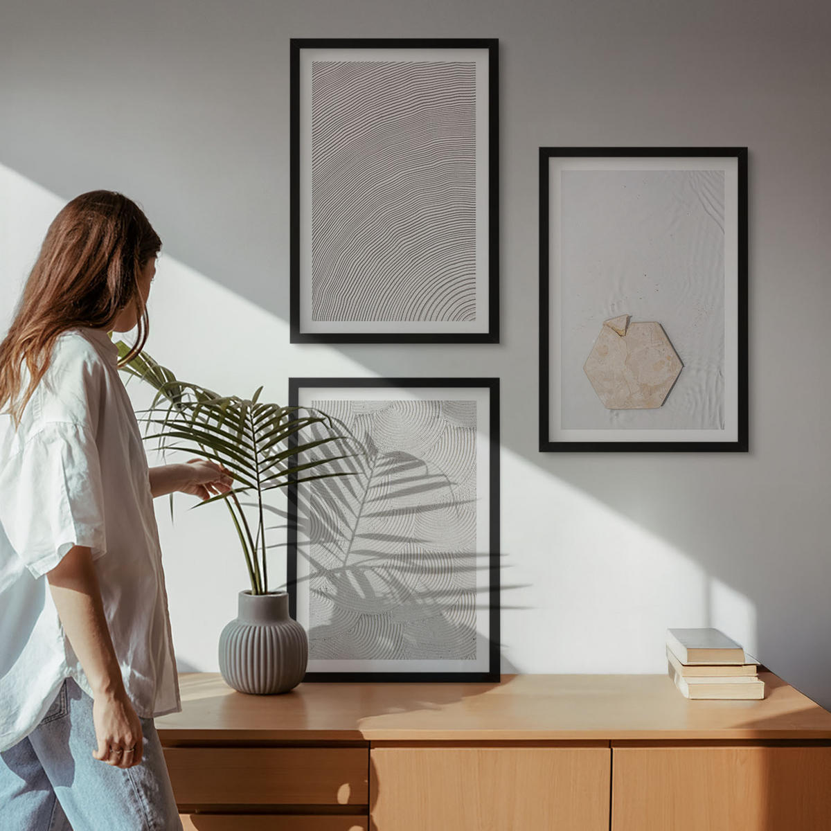 WANDBILDER 3er-Set - 40x60 cm Schwarzer Rahmen - Leichte Boho-Sandtexturen - Schwarz, Kunststoff (40/60cm) - ArtPrintCave