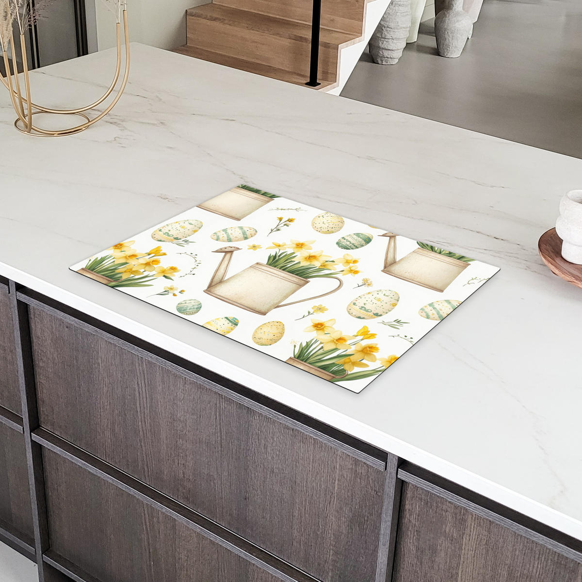 HERDABDECKPLATTE Gießkanne - Blumen - Eier Herdabdeckung Induktionsfeld 75x52 cm - Weiß, Kunststoff (75/52/0.2cm) - MuchoWow