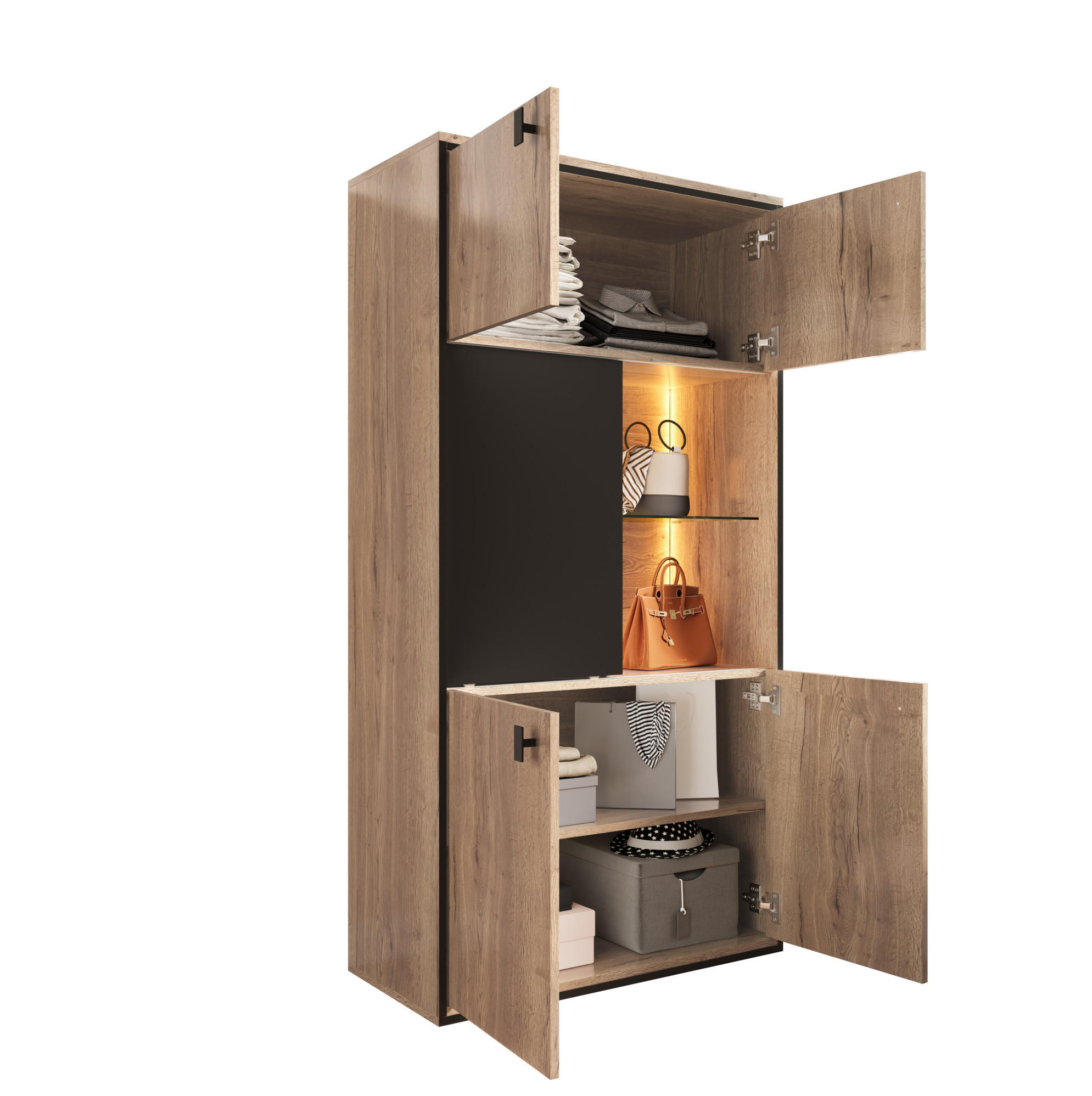 HIGHBOARD aus Holzwerkstoff 77,8/36/150 cm mit LED-Beleuchtung, Schiebetür und 3-Zonen-Stauraum, Naturfarben - Naturfarben, Holzwerkstoff (77.8/150/36cm) - Redom