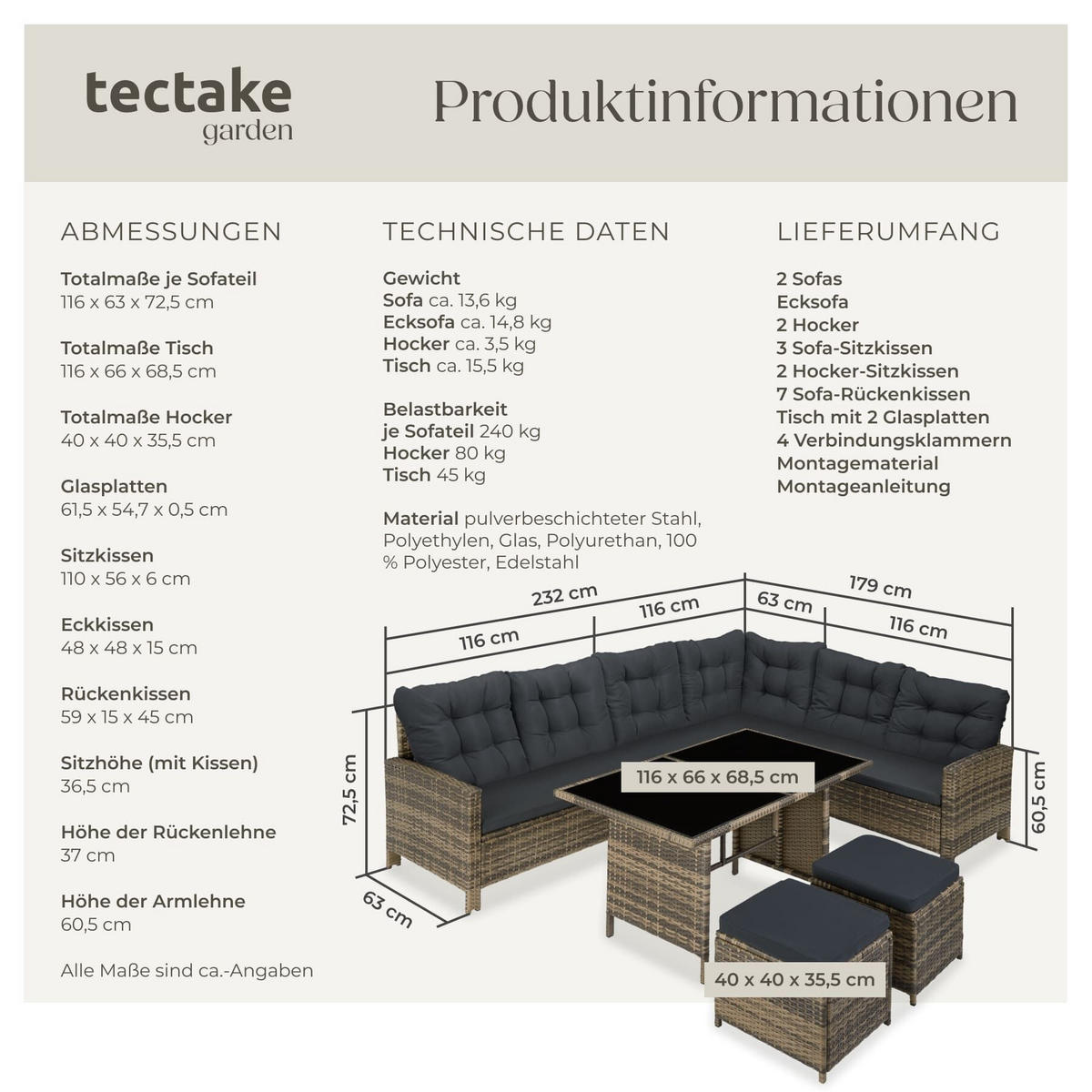 RATTANLOUNGE Barletta, mit Sicherheitsglasplatten, natur - Naturfarben, Kunststoff - tectake