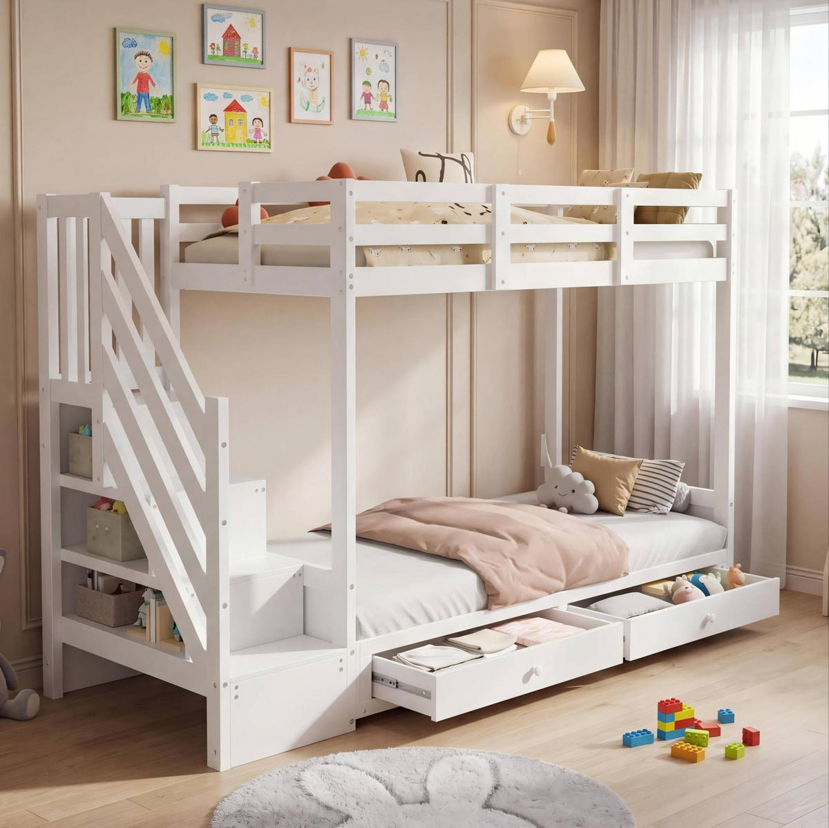 HOCHBETT 90x200 cm in Weiß mit Sofa, Treppenschrank und 2 Schubladen - Weiß, Holz (90/200cm) - IVMEU