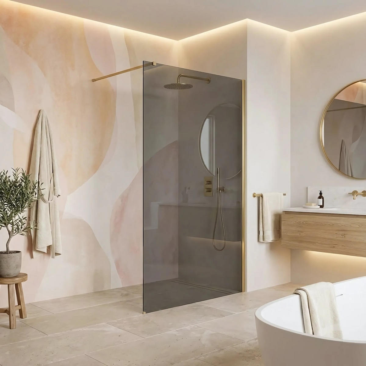 DUSCHWAND Rea Flexi Grey / Brush Gold 90 - Goldfarben, Glas (120/90/195cm) - REA
