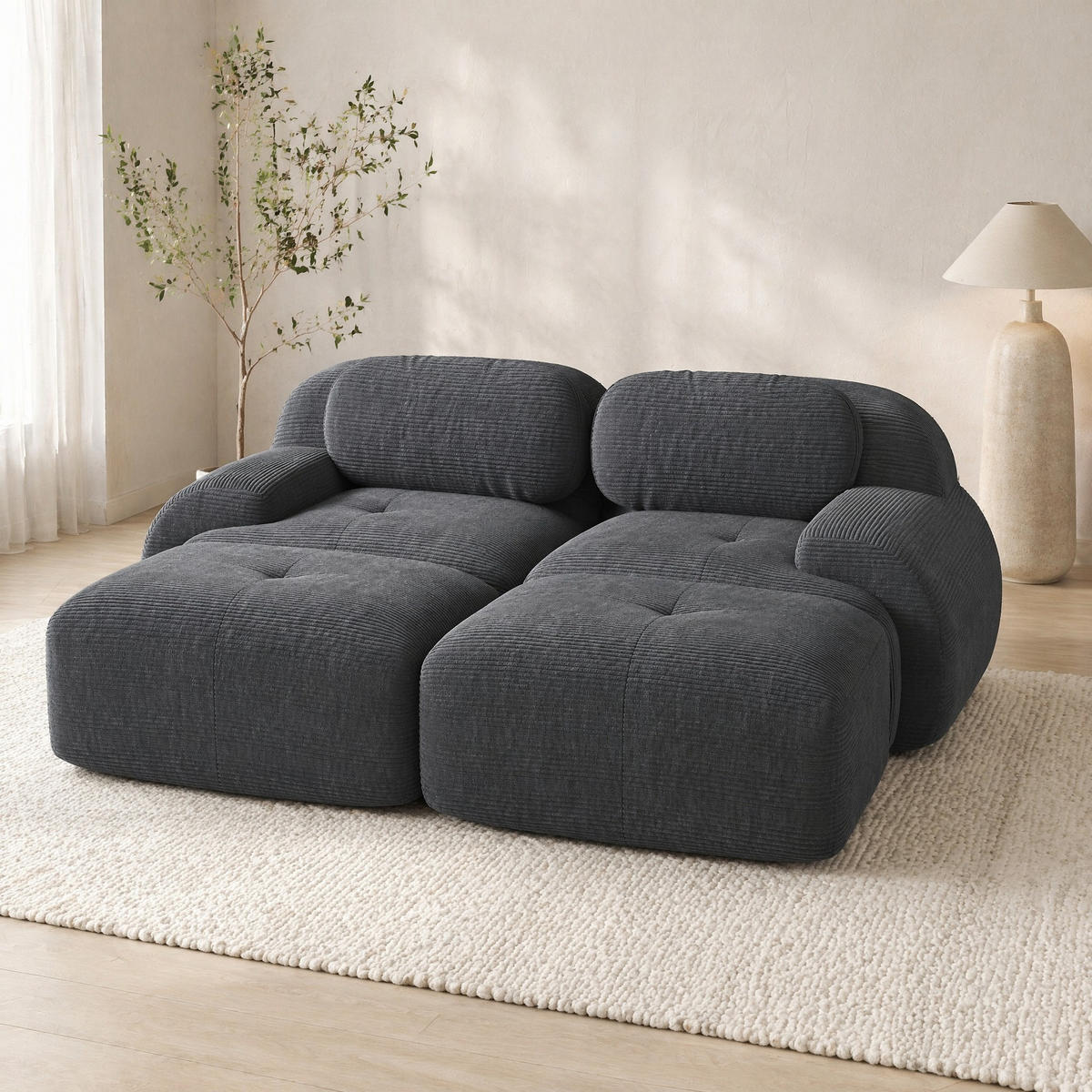 SOFA 208/178/70 cm in Grau aus Cord mit rutschfester Unterseite - Grau, Textil (178/70/208cm) - Flora Grace
