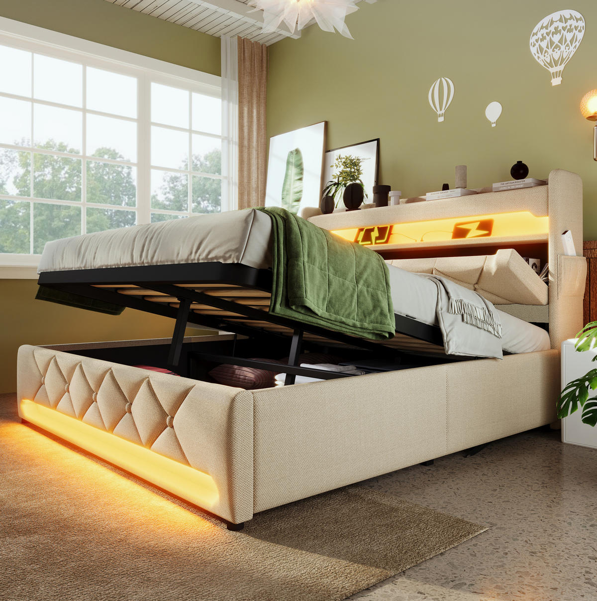 ČALOUNĚNÁ postel 180/200 cm, len béžová s LED osvětlením a úložným prostorem - béžová, textil (180/200cm) - BEAOK